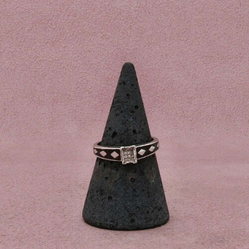 Kay Jewelers Sterling Silver Black Enamel Diamond Grid Ring Size 6.75